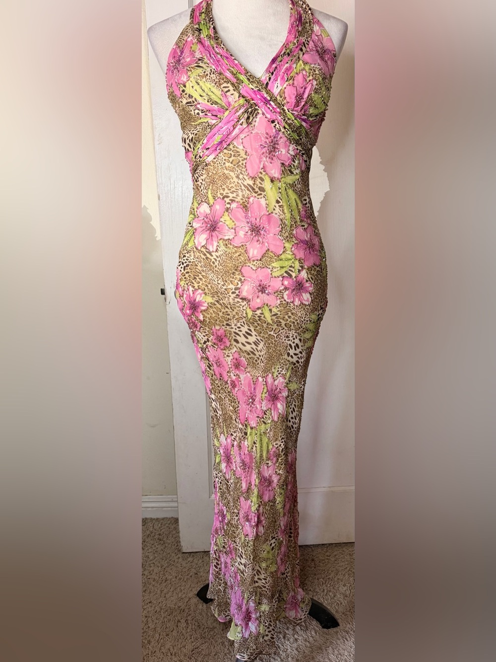 Y2k Formal Prom Maxi Dress Floral Pink Leopard print flirty beaded halter top